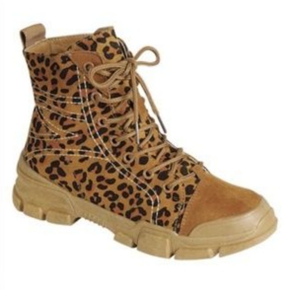 Canvas & Faux Suede Combat Boots in Leopard - Picture 2 of 8
